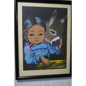 R Trigueros Spain Painter Original Framed Art Painting Donkey Girl Child Signed